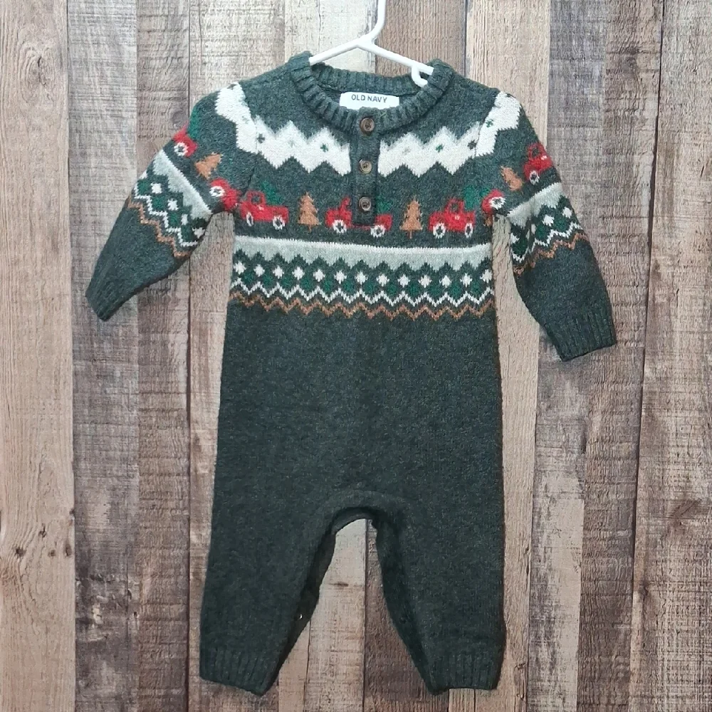 Old Navy Festive Green Knit Baby Romper 6-12 Months Soft Sweater